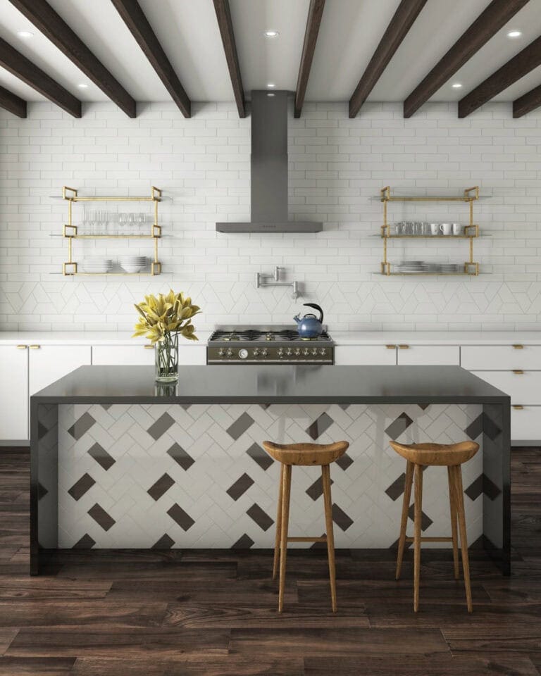 Random staggered tile pattern on kitchen island with herringbone layout mixing white and deep gray accent tiles