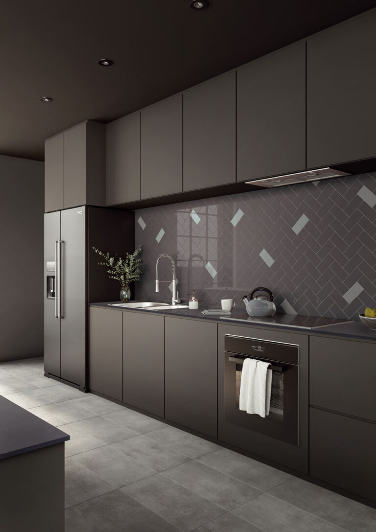 Random tile pattern kitchen backsplash with high-gloss taupe herringbone tiles and scattered blue-gray accent tiles