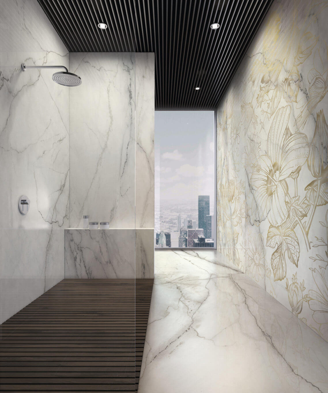 Walk-in shower tile ideas with large-format marble-look porcelain slabs and wood-look shower floor tile
