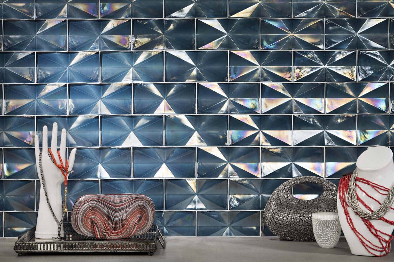 Jewelry showroom with blue glass tile with a three-dimensional surface