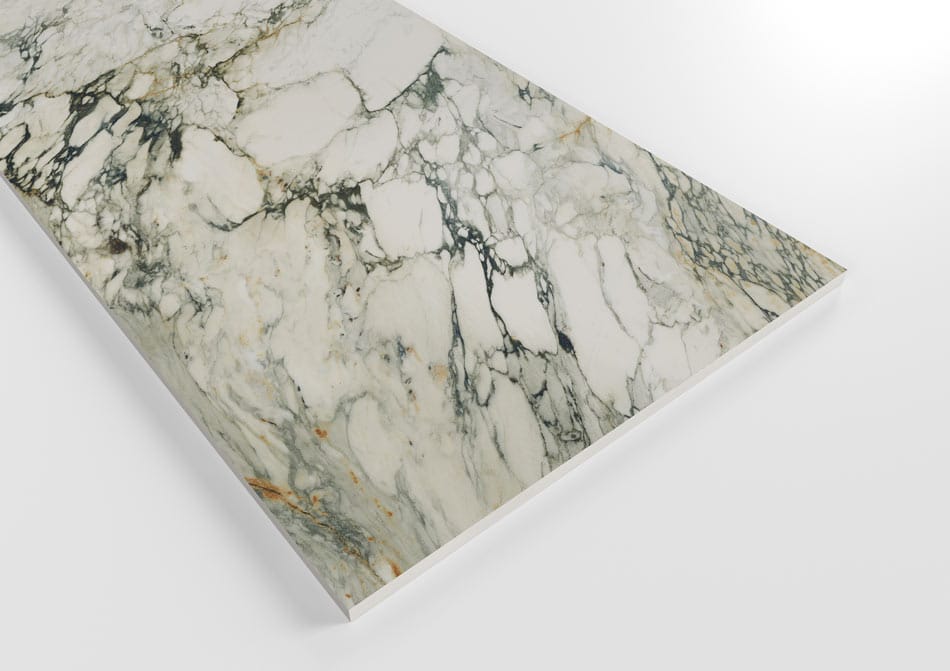 Detailed view of marble-inspired porcelain slab with intricate veining and luxurious texture
