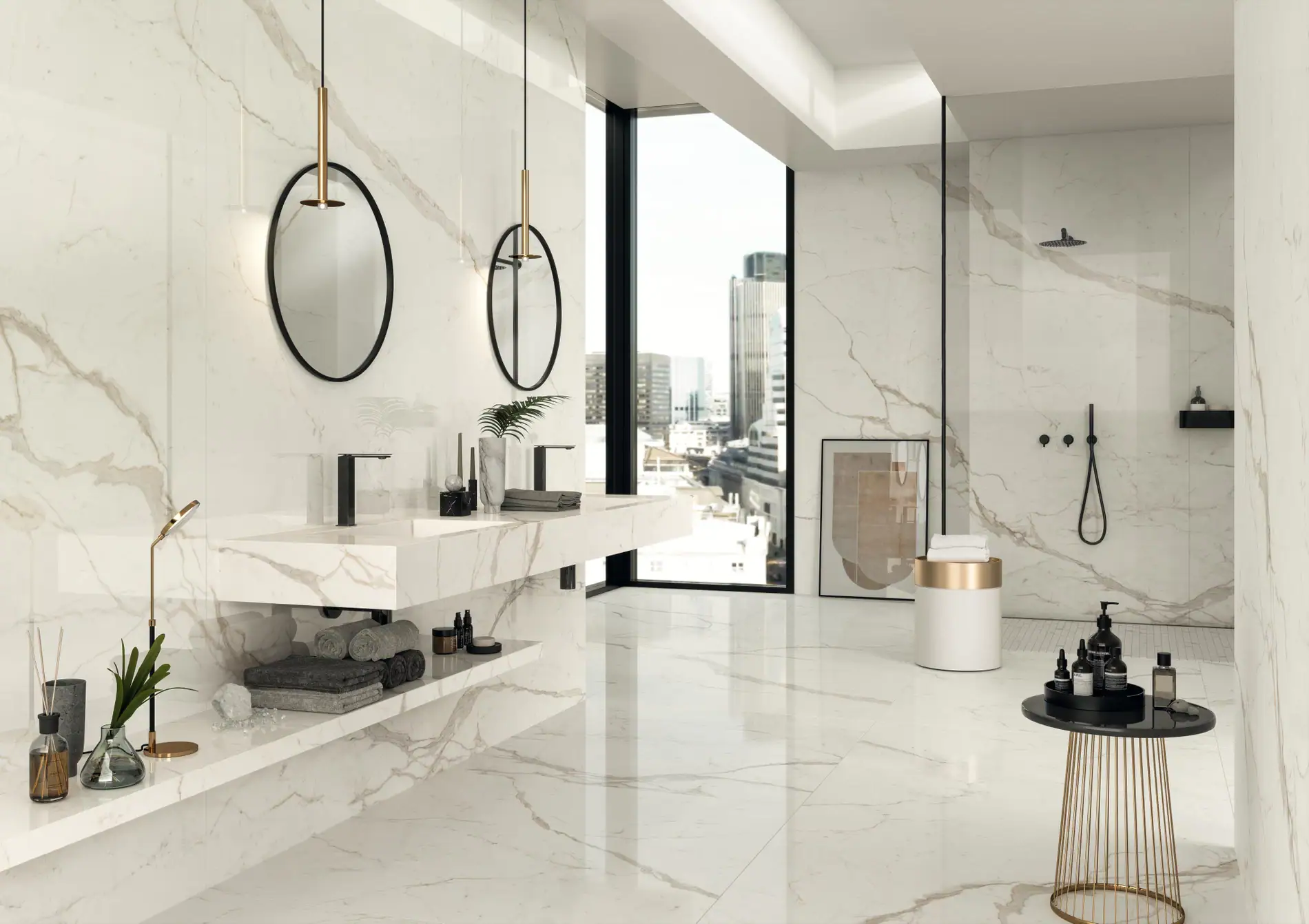 modern bathroom with Gauged porcelain tile panels/slabs floorings and walls