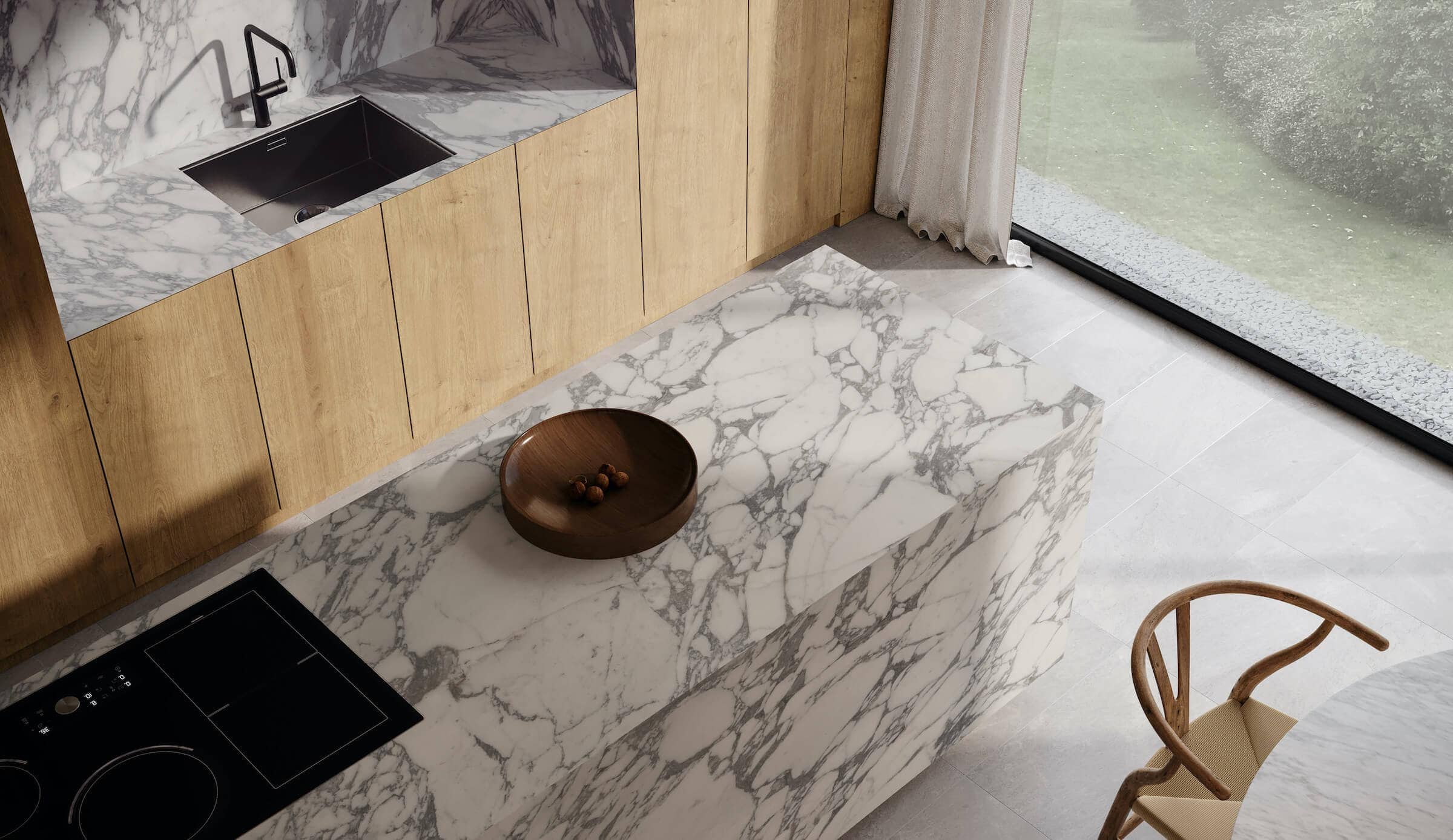 Bird's eye view of white and gray marble-look panel countertop in a bright kitchen.