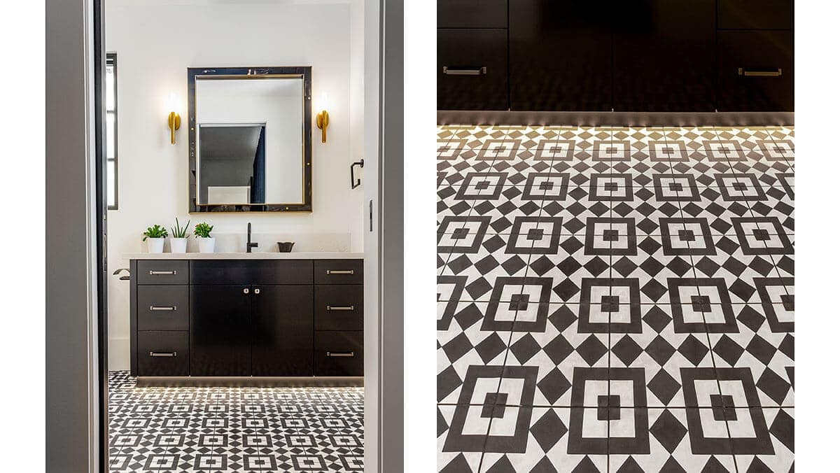 A bathroom interior with a chic black and white tile floor pattern in checkerboard style