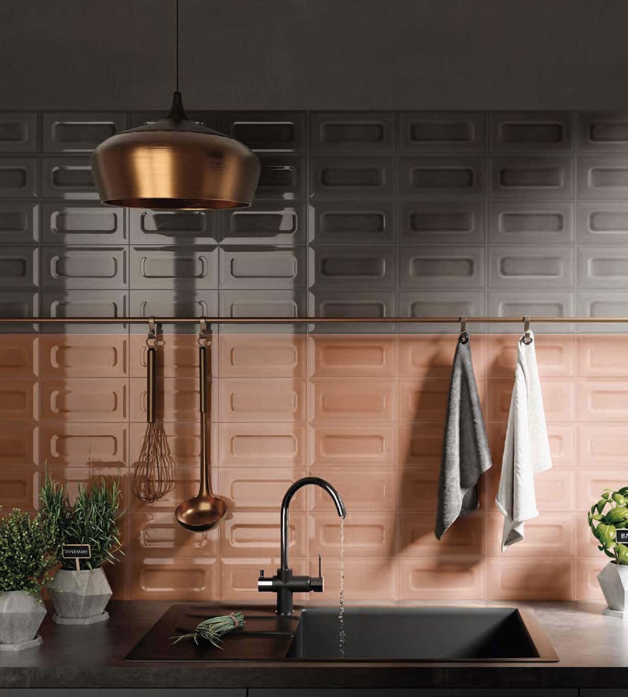 Kitchen backsplash featuring gray and blush-pink color-blocked tile