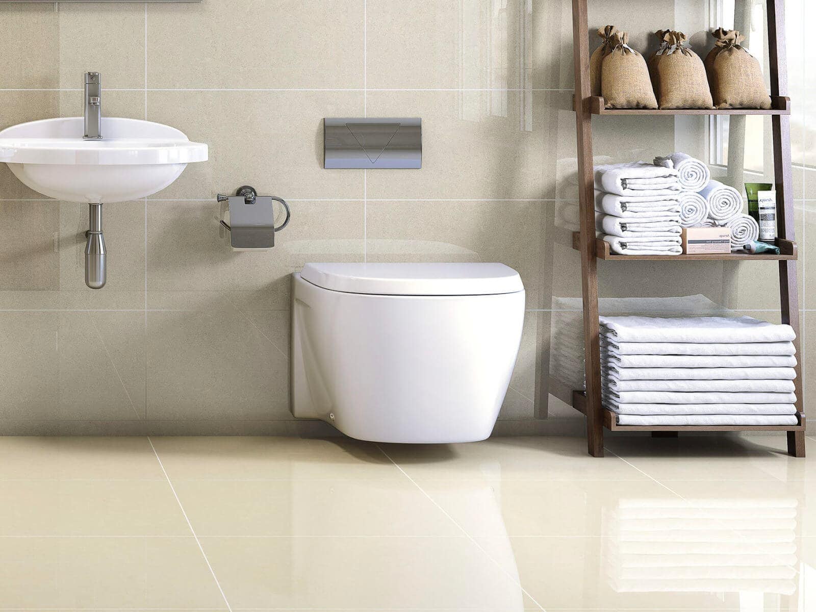 Bathroom rectangular tile grid with glossy beige tile