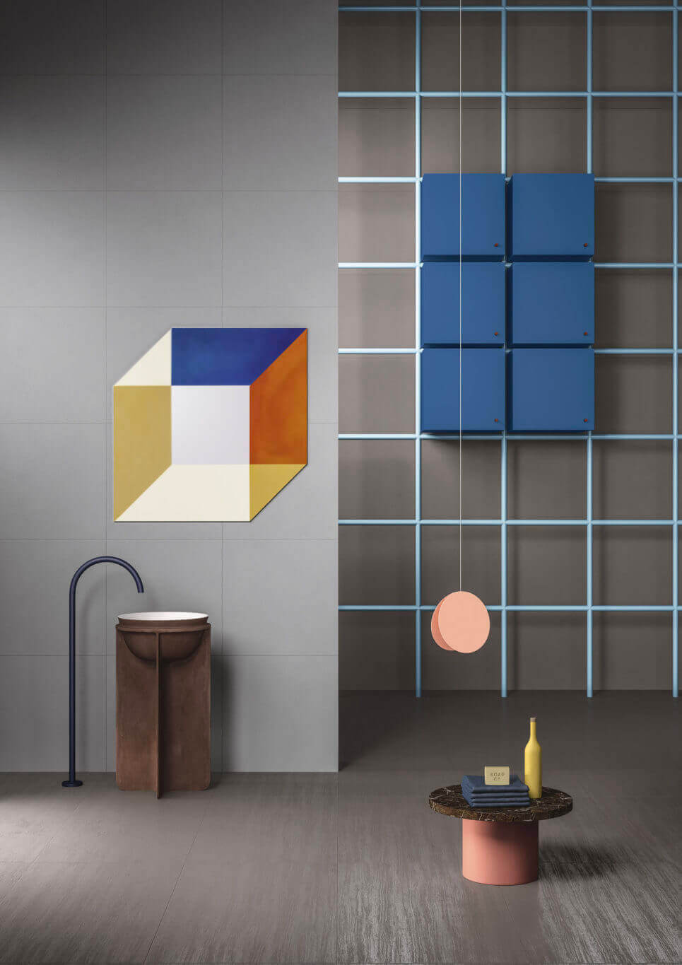 Cement-look backsplash tile in an oversized tile grid