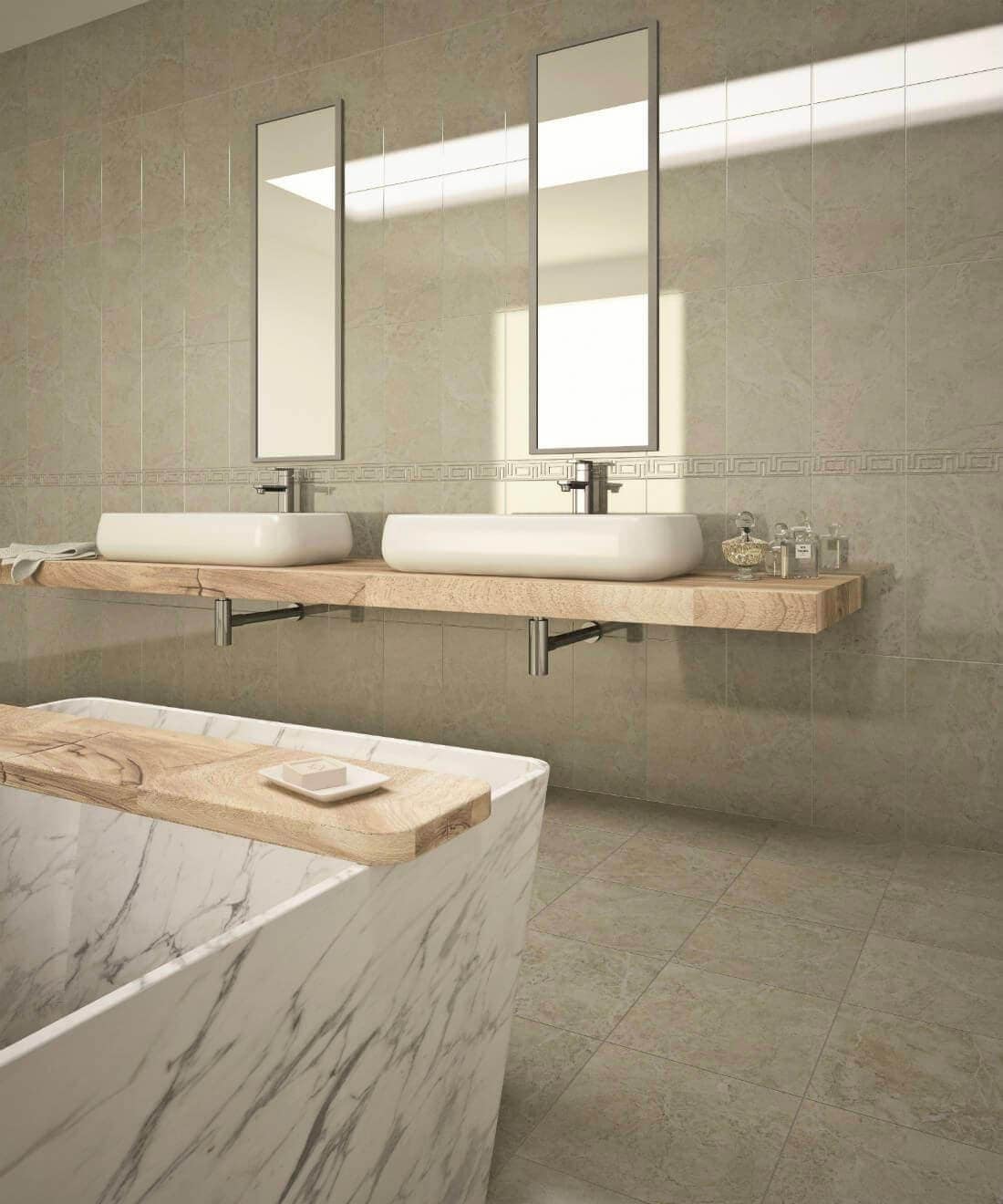 Stone-look tile in cream with a patterned accent