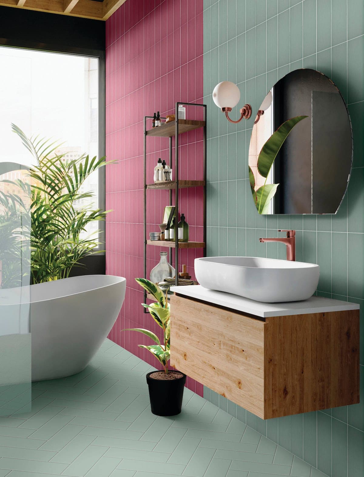 Bathroom with pastel-green herringbone floor tile and raspberry-red accent wall in a vintage-inspired color-block design
