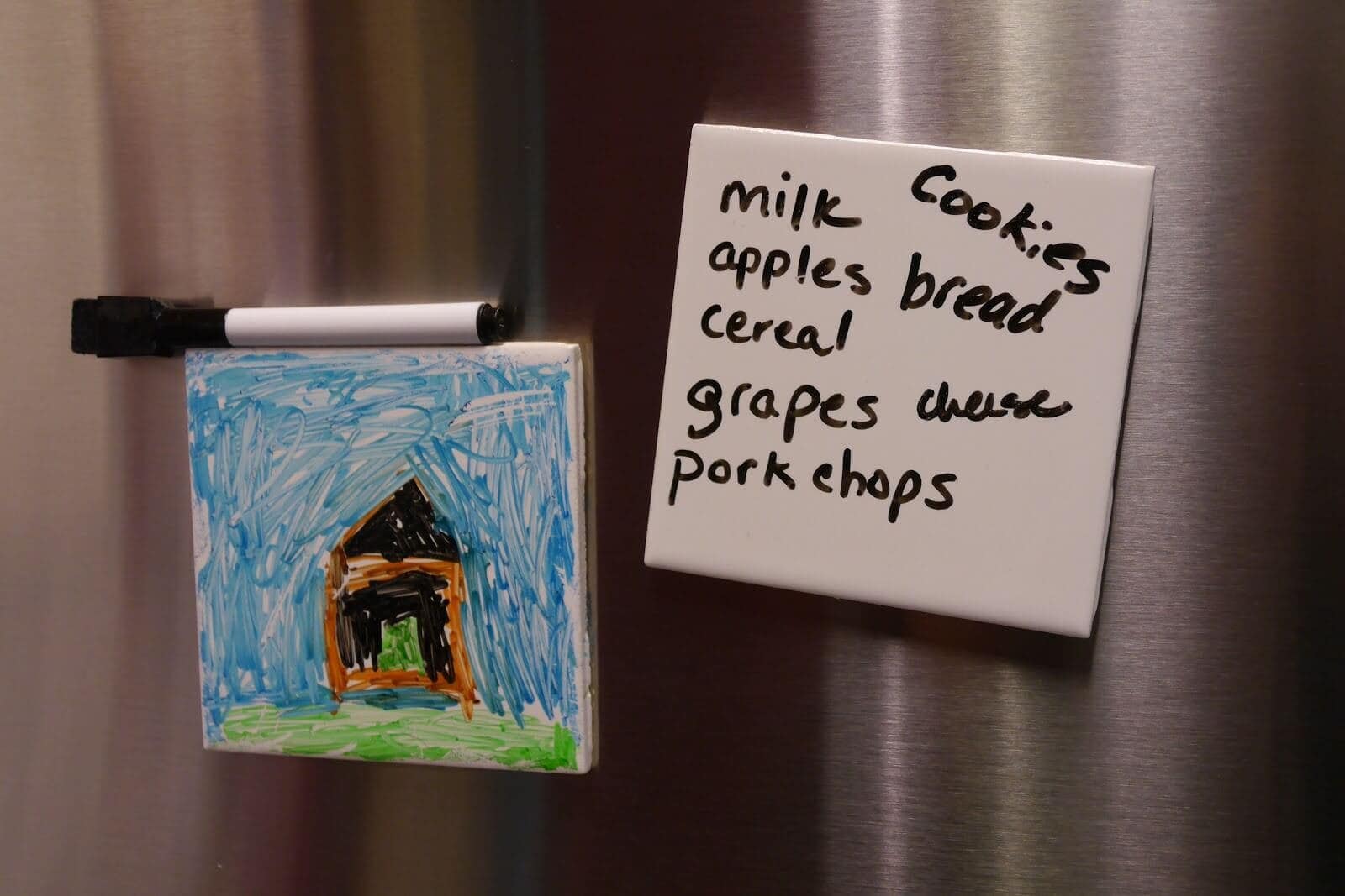 Tile magnets on a fridge