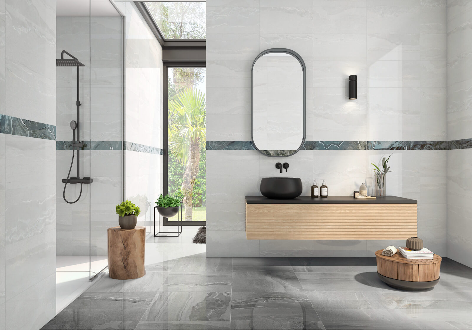 Modern bathroom with gray marble-look backsplash and an inserted teal marble-look border