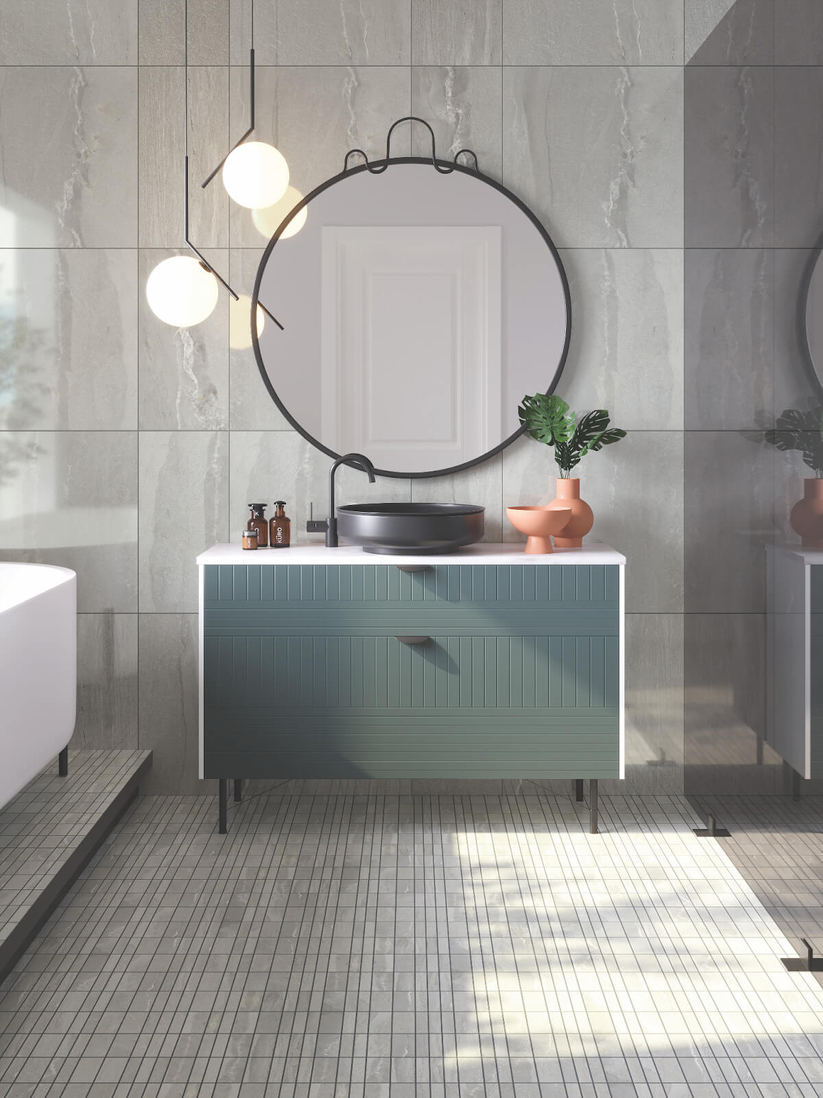 Bathroom sink with gray stone-look tiles in two shapes