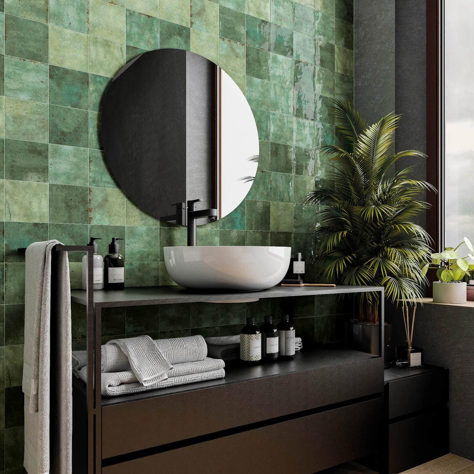 Bathroom with green tile grid in a variegated look