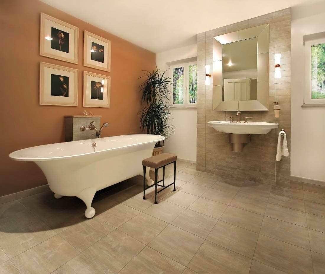 Greige stone-look tile in a rectangle grid