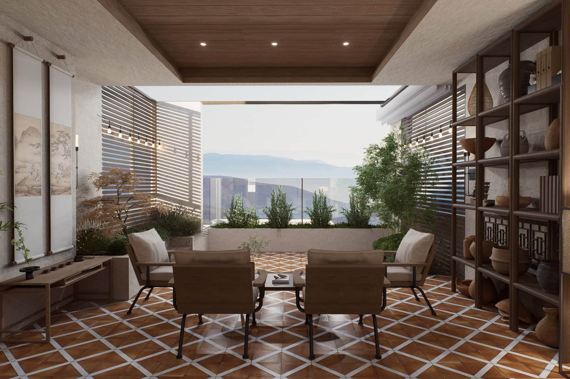 Airy terrace with terra-toned tile in a framed diamond pattern, complemented by earthy decor