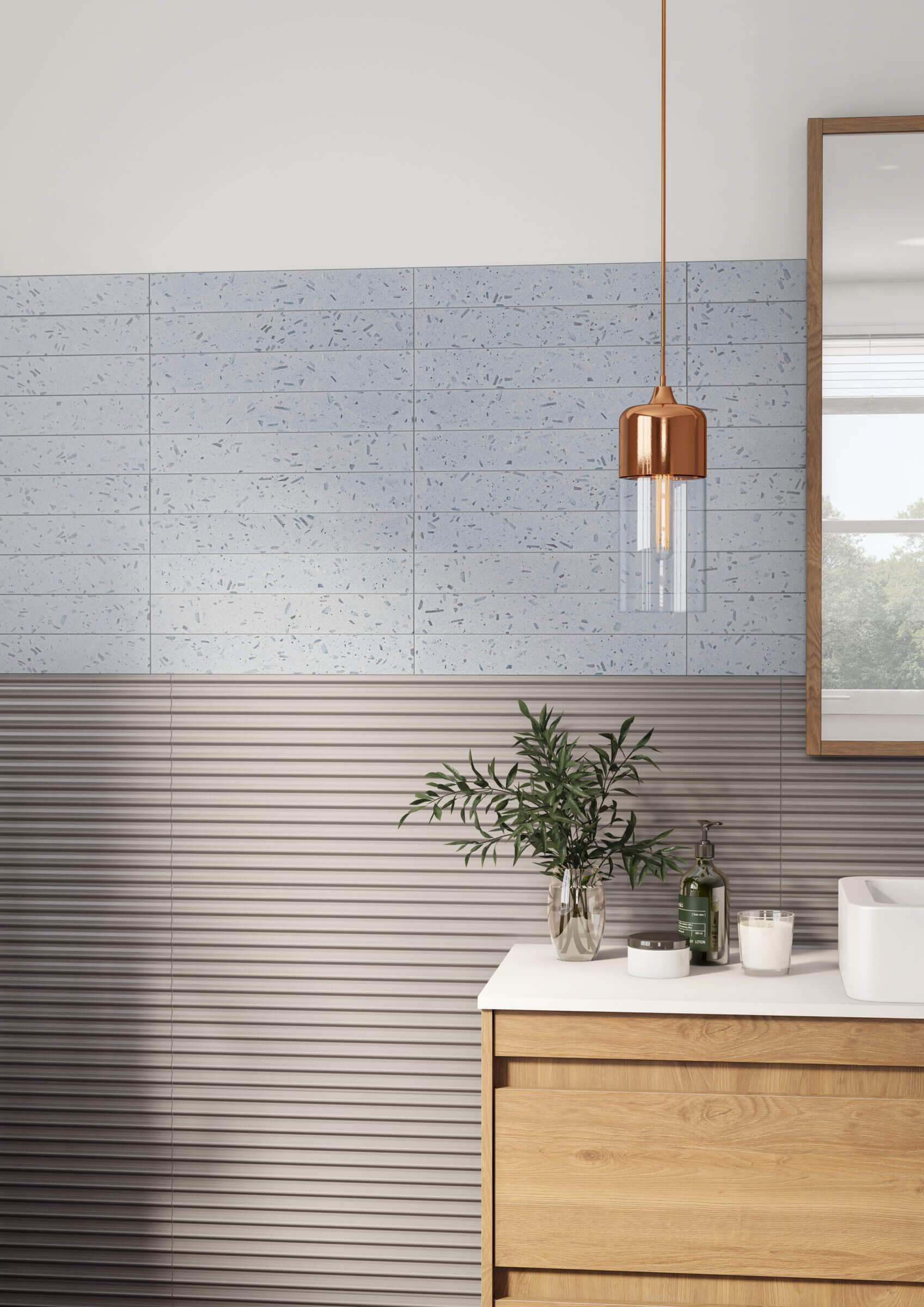 Stylish bathroom showcasing a wooden vanity complemented by blue tiles with brown, long skinny tiles