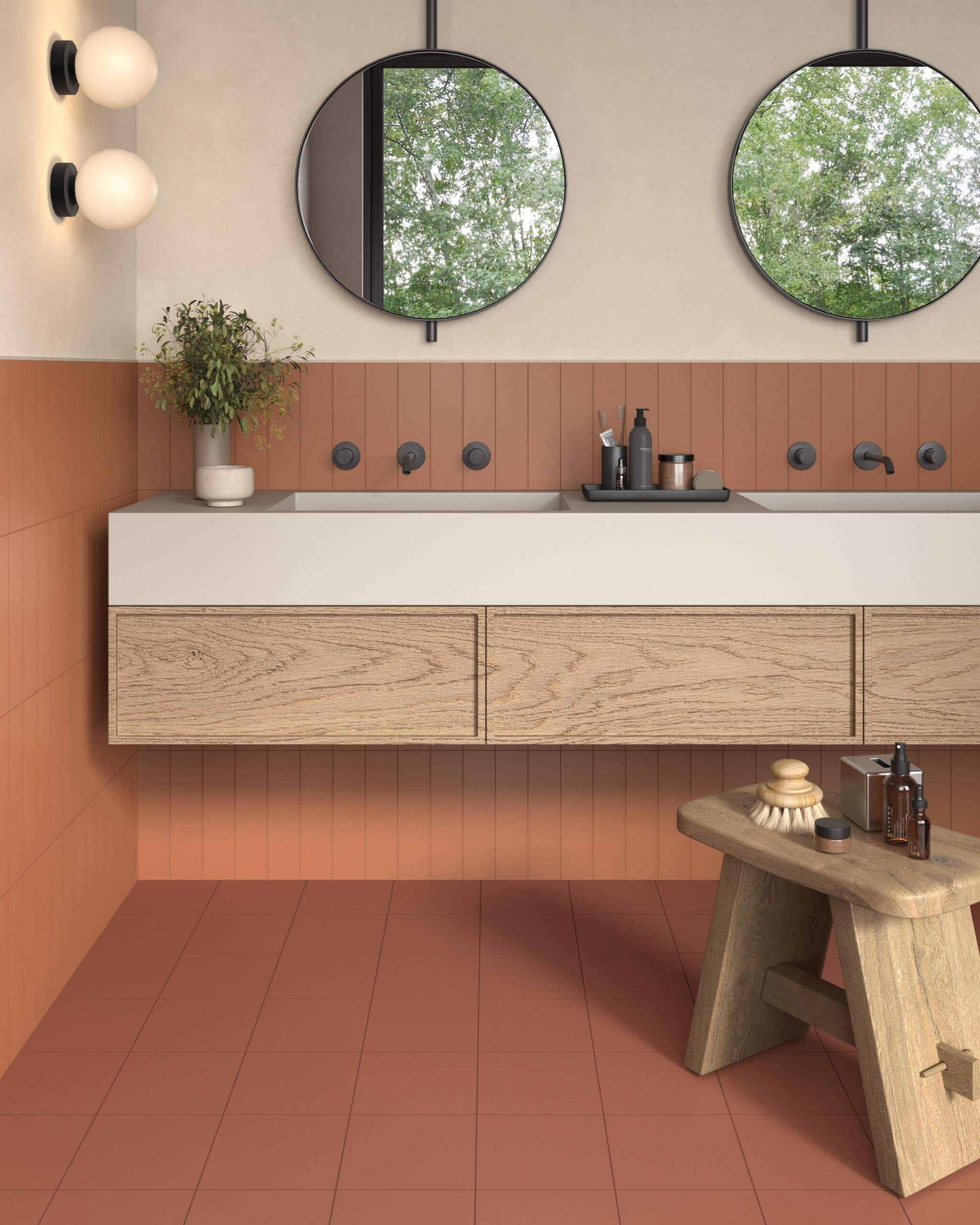 Organic modern vanity with a matte smoky-peach terra-toned tile backdrop