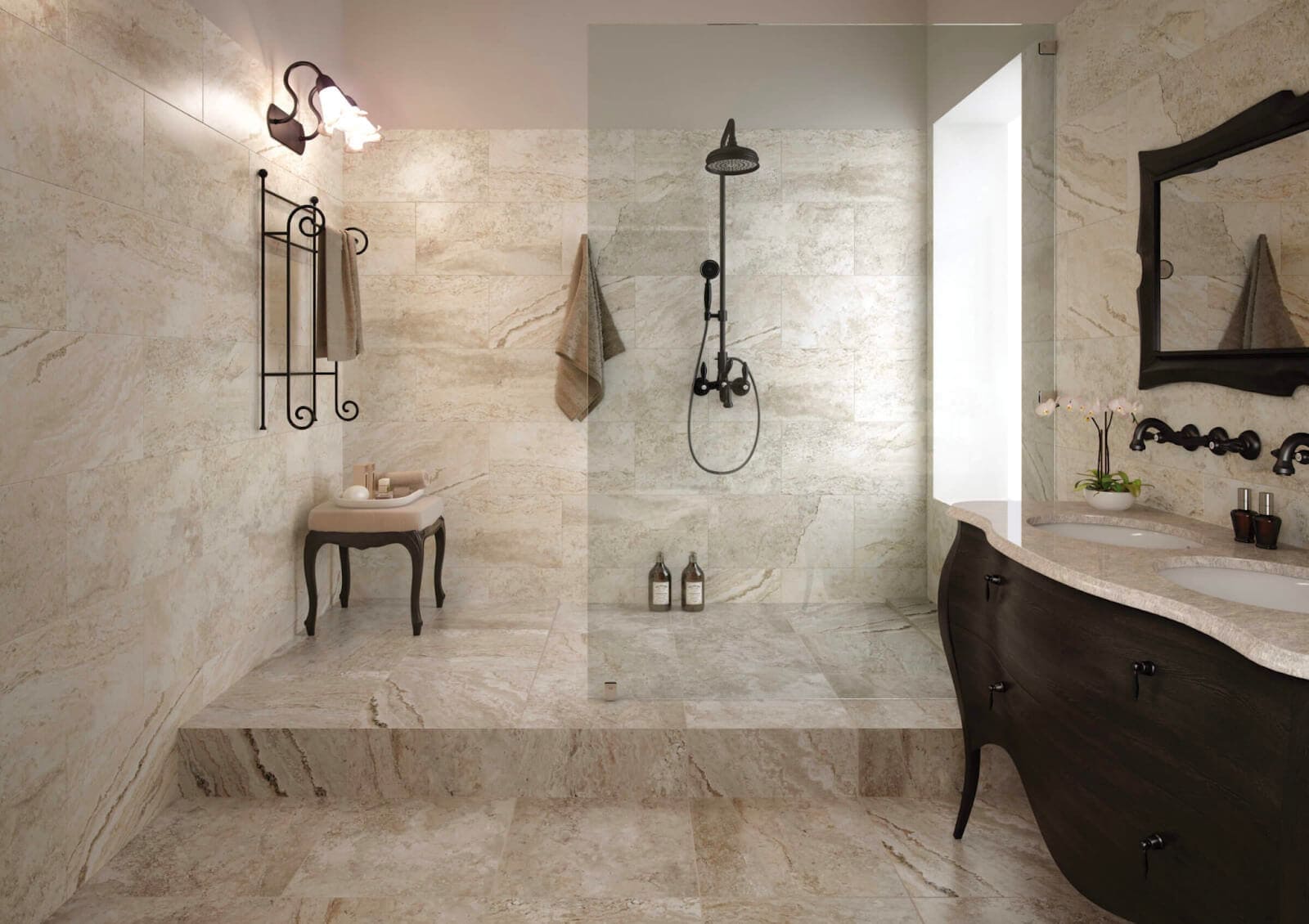 Classic bathroom with light stone-look tile backsplash