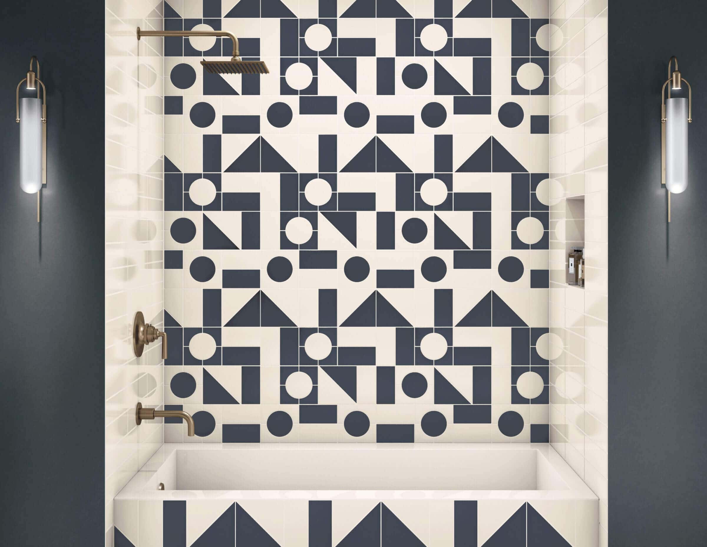 bathroom tub wall with mixed geometric tiles