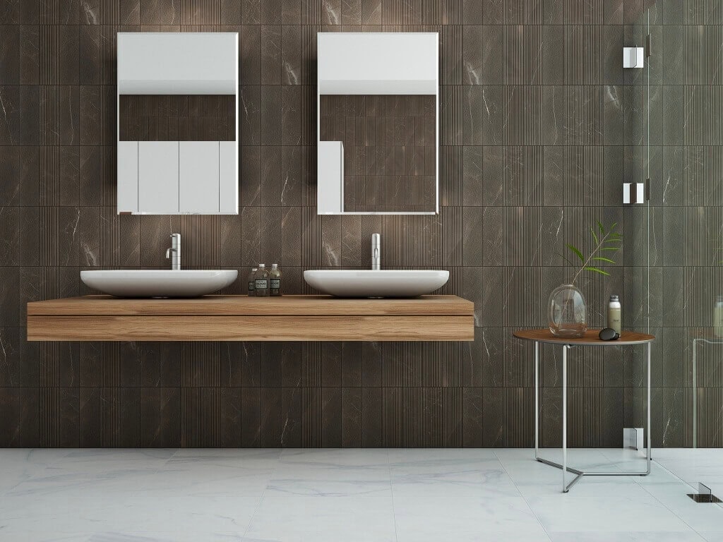 Contemporary bathroom with dark brown marble-look tiles