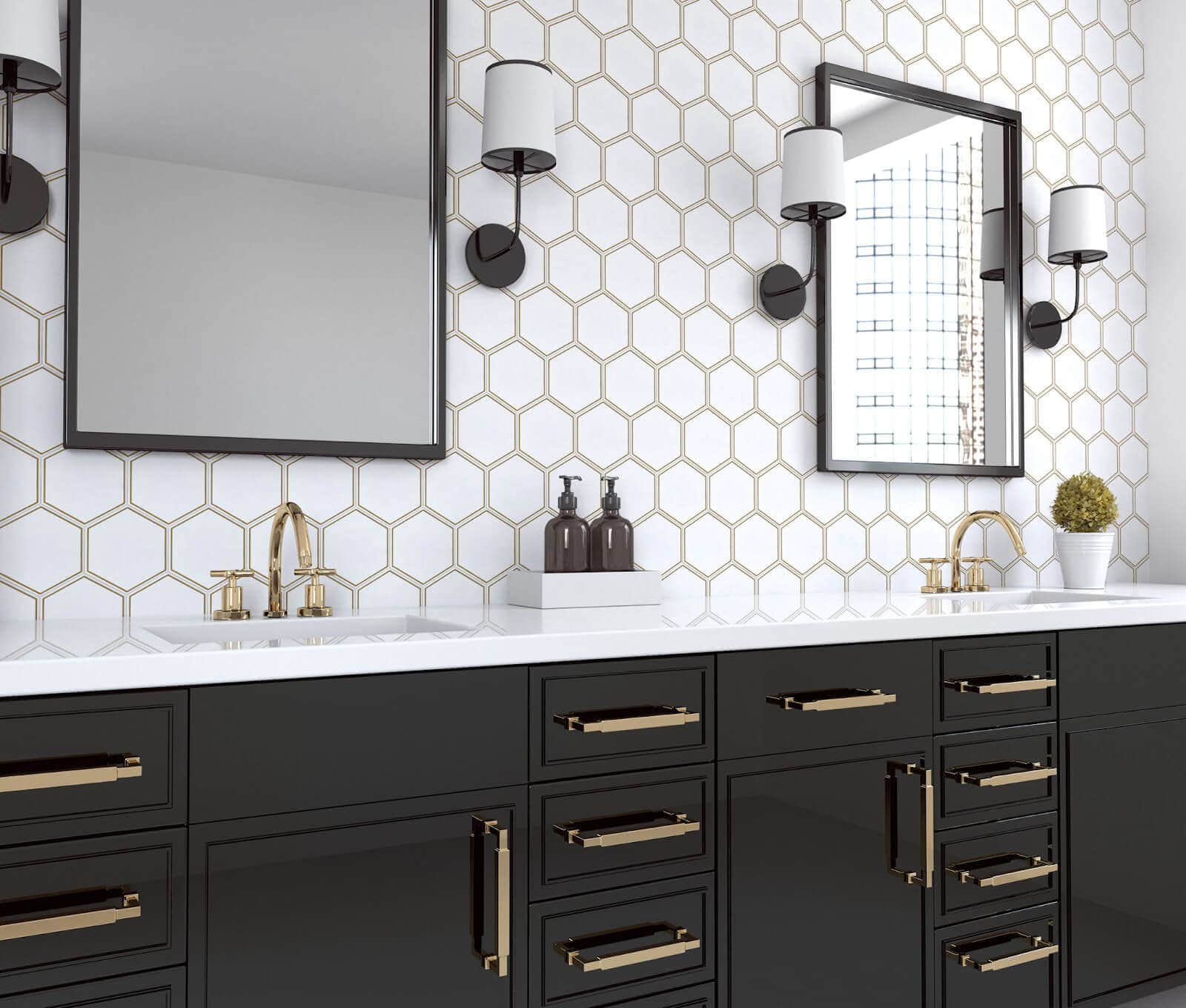 Bathroom sinks with white hexagon tile backsplash
