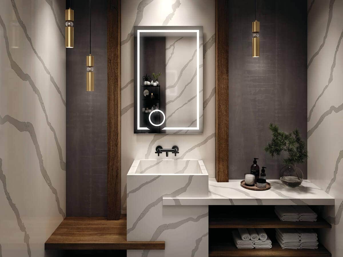 Gauged porcelain tile backsplash in a white marble look with large veining