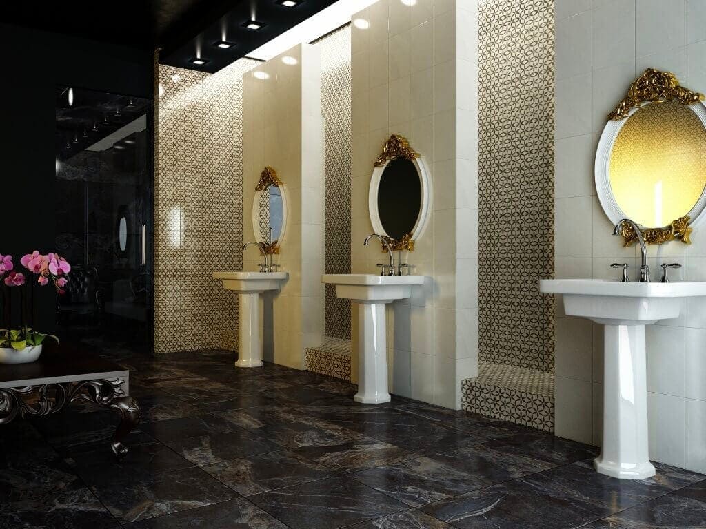 White tile grid contrasted with golden accents