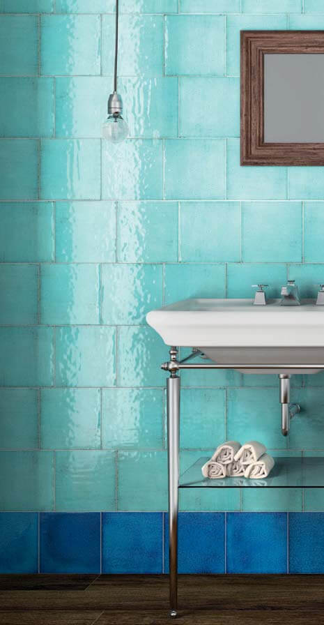 Aquamarine square tiles laid in a slight offset
