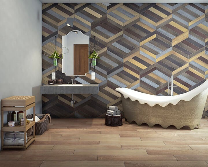 Bathroom Wood-look tile in a parquet pattern