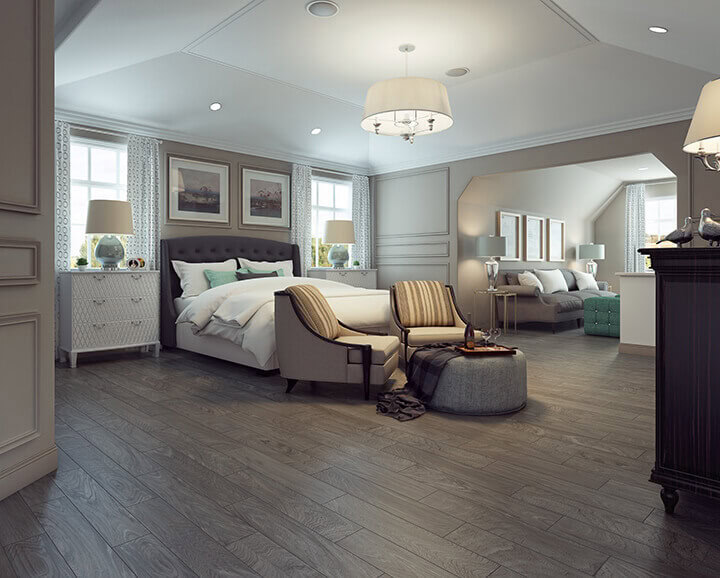 Bedroom with installed radiant heating flooring surrounded the bed