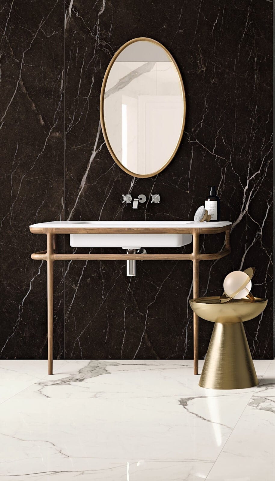 Bathroom with gauged porcelain tile backsplash in a black marble look