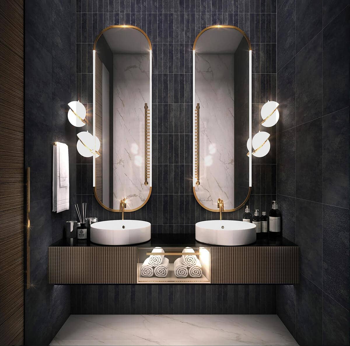Modern bathroom with variegated black tile in a vertical grid