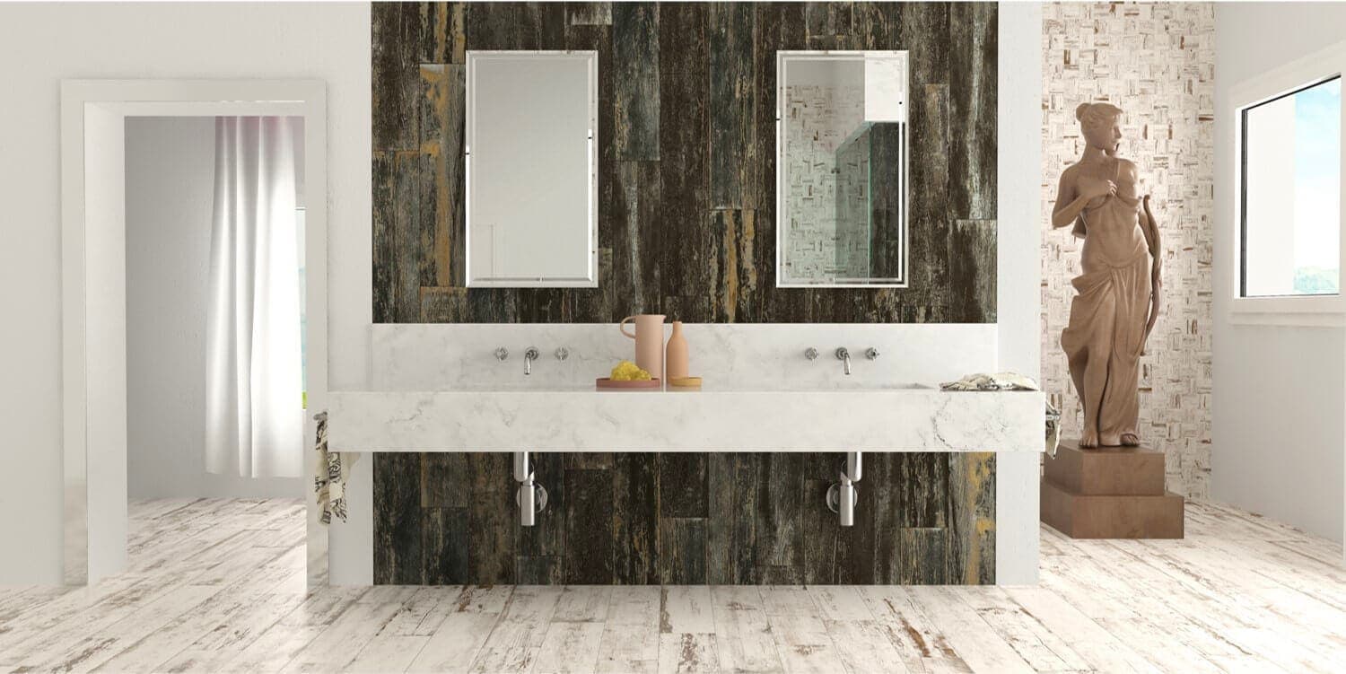 Black wood-look tile with a distressed effect