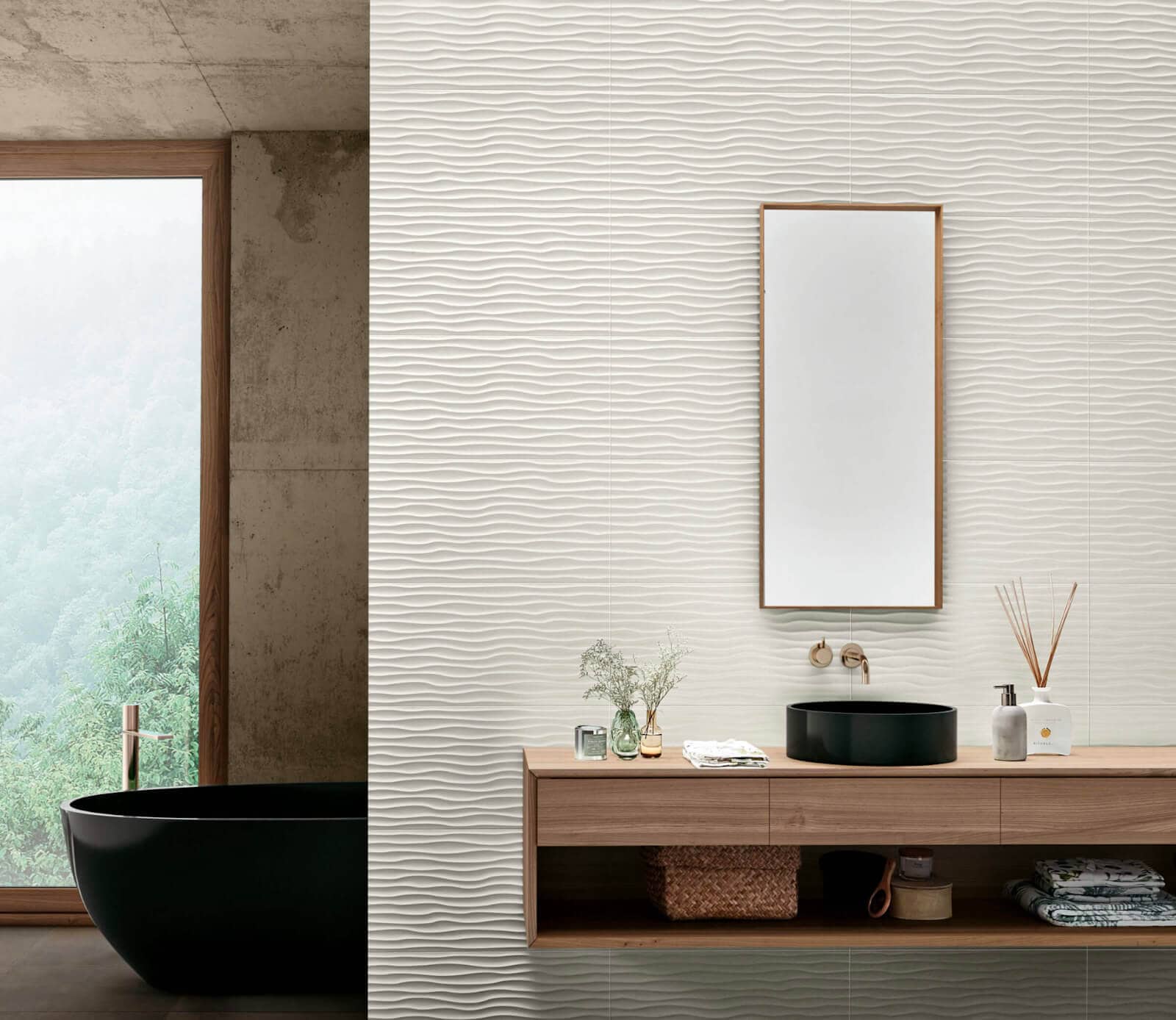 Modern wood-look bathroom with cream textured tile with ridges