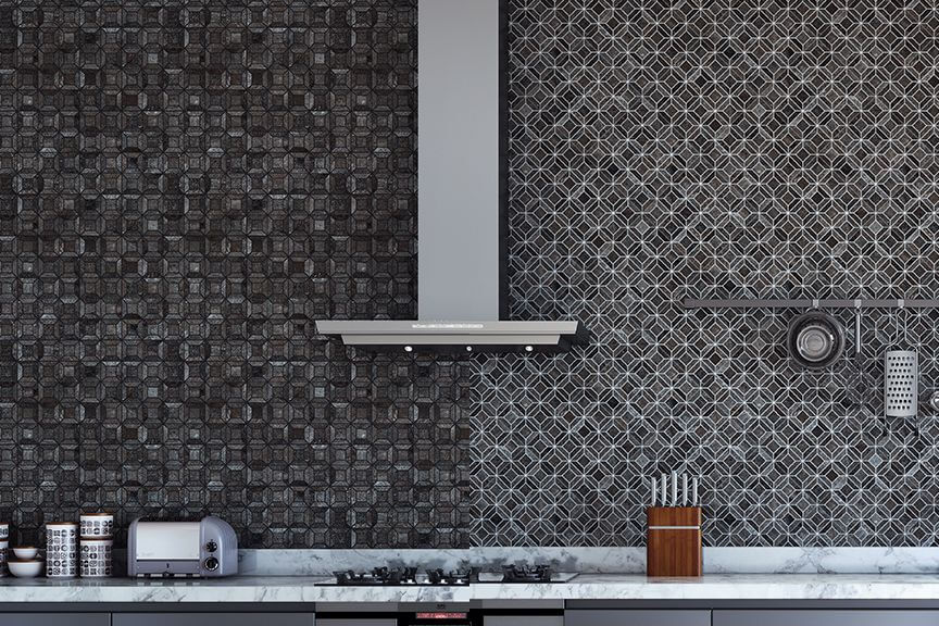 Kitchen dark grout tile layout