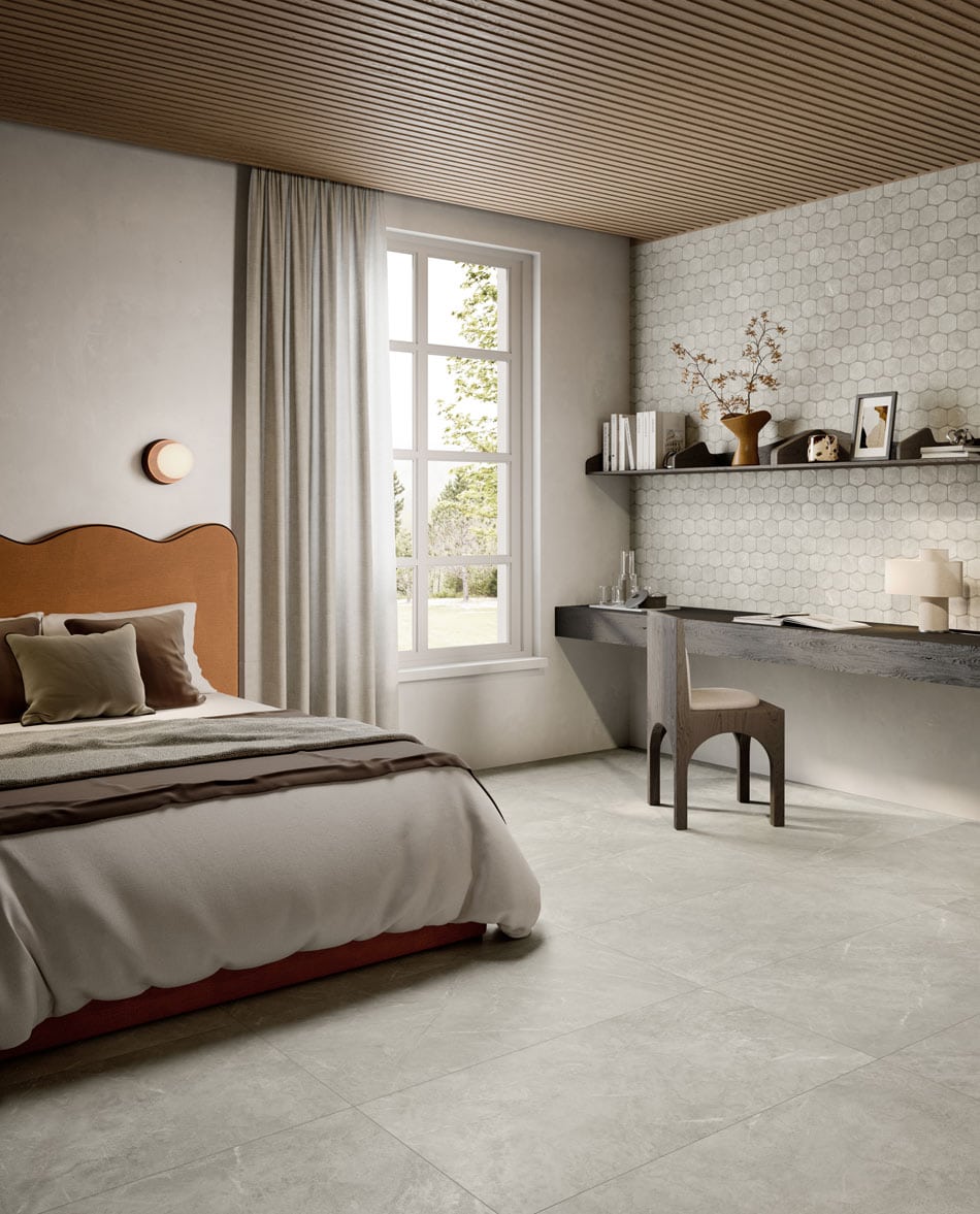 Bedroom with greige ceramic tile and stone-look floor tile paired with hex mosaic accent wall, a durable options for teens to study and play
