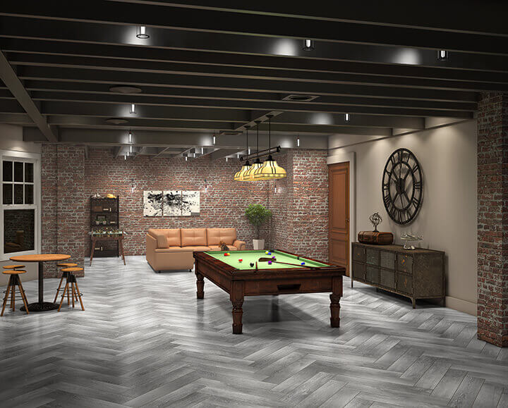 Game room with pool and relaxation areas with heated flooring