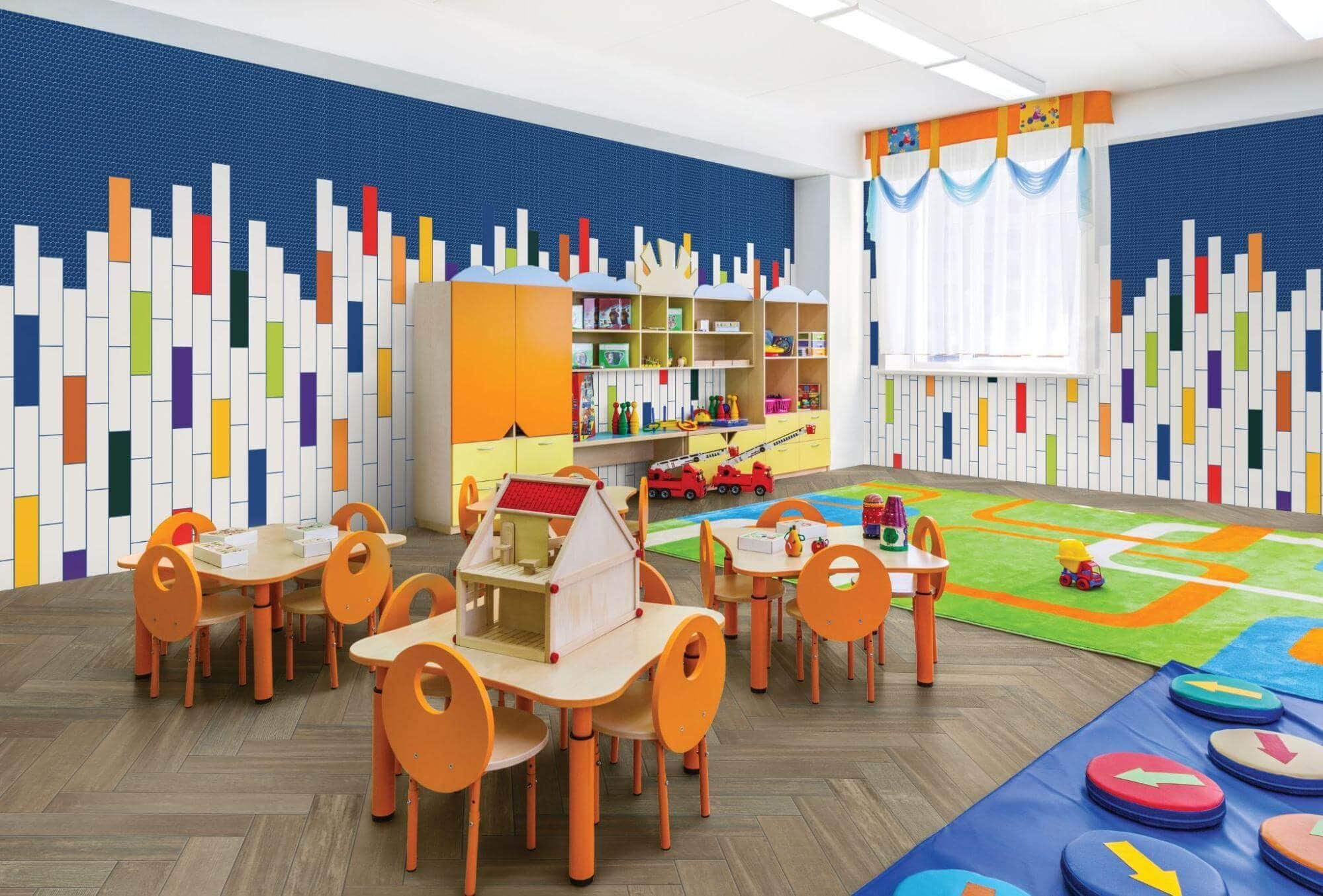 Ceramic tile's wide range of color and shape options creates a cheery and easy-to-clean preschool environment.