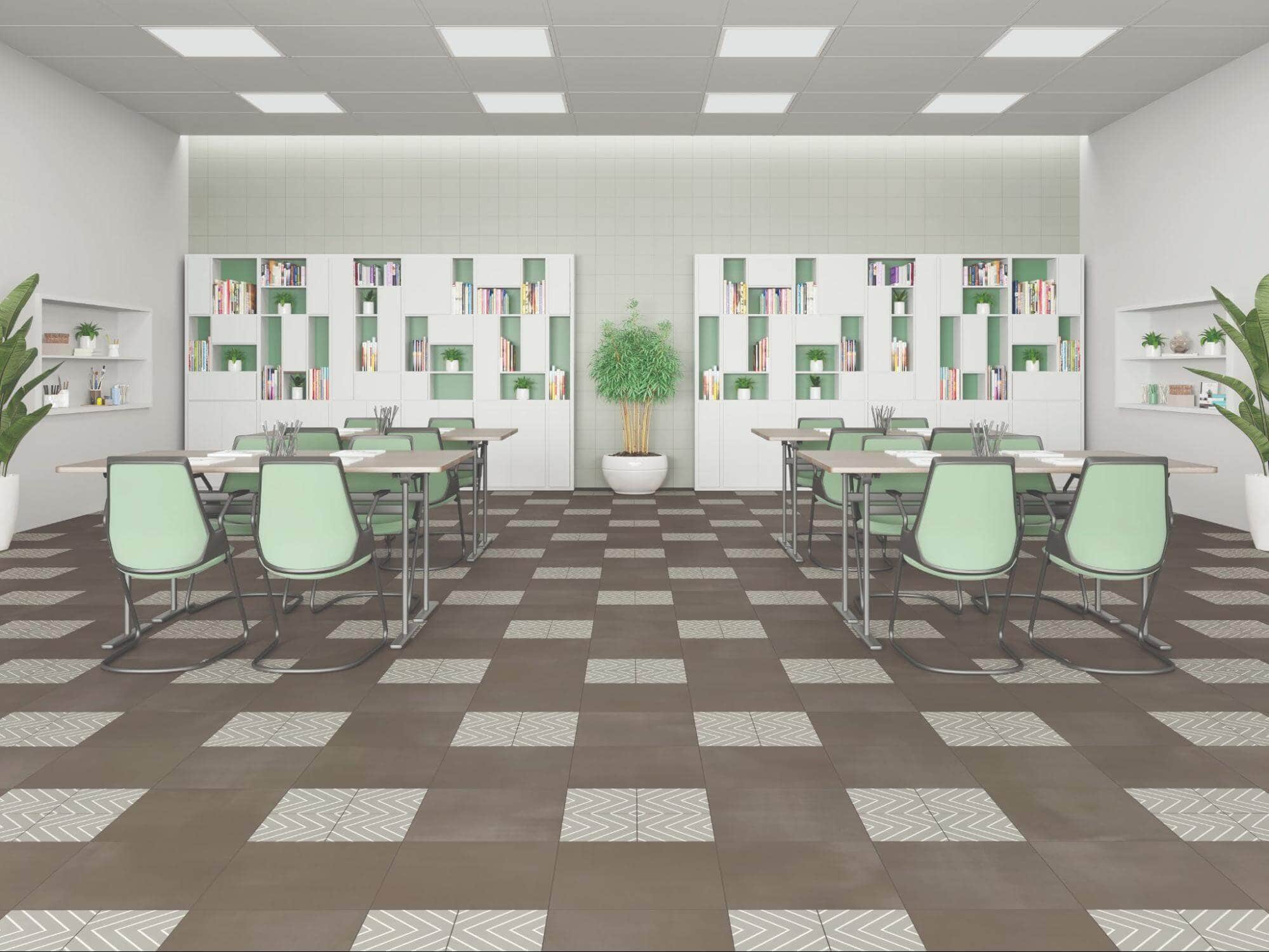 Ceramic tile in a classroom won't scuff from moving furniture.