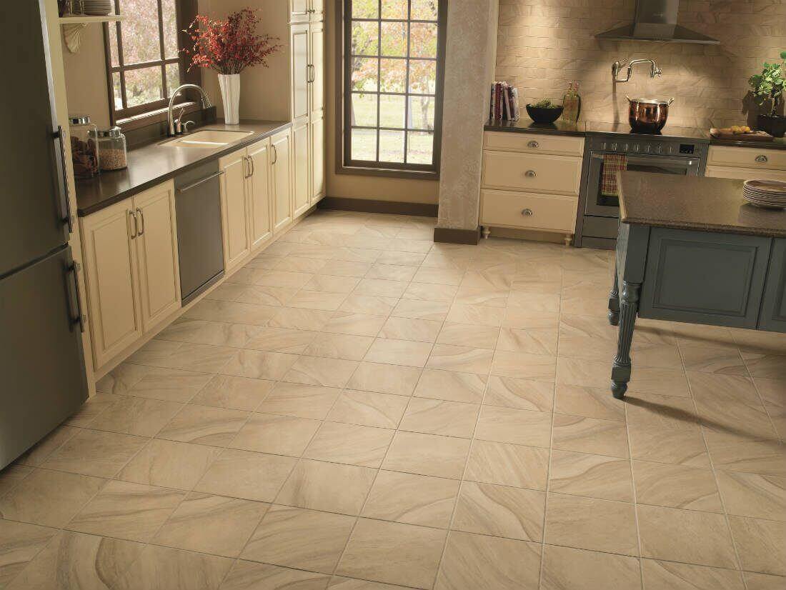 Kitchen with radiant heating flooring in front of the sink, stove and counter