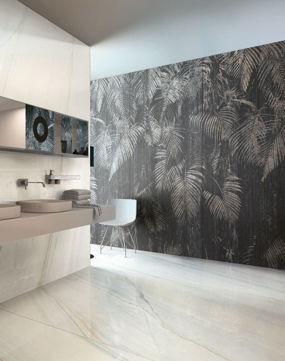 Modern bathroom wall with white gauged porcelain tile slabs in a marble look