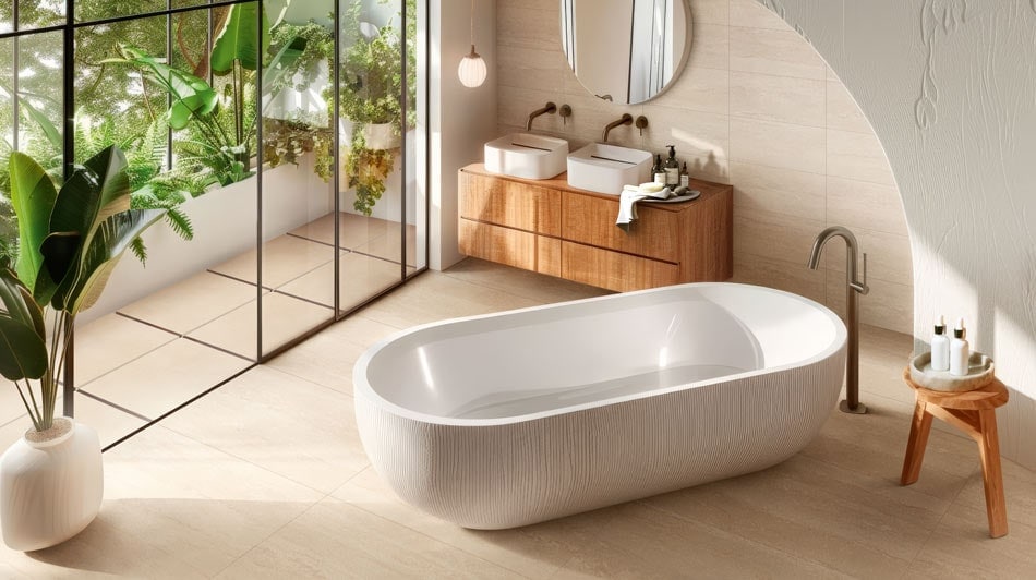 Bathroom design with warm beige stone-look tile flooring and walls, blending seamlessly with exterior patio tiles