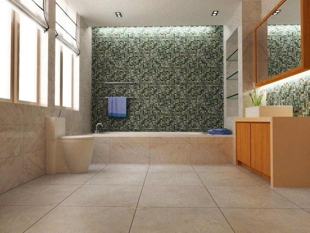 Bathroom tub with mosaic tile grid in green, black, and white