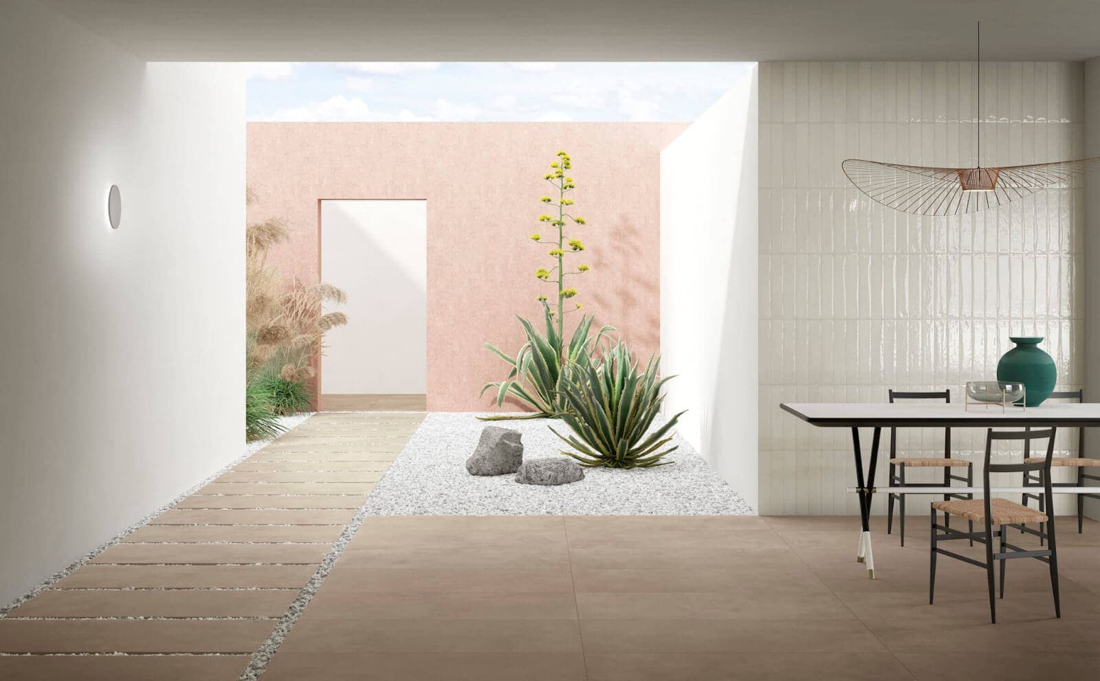 Airy indoor-outdoor vanity with textured matte terra-toned tiles