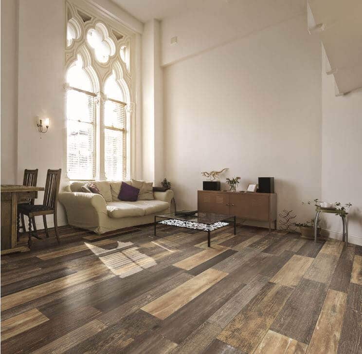 Living room with tall ceilings and in-floor radiant heating