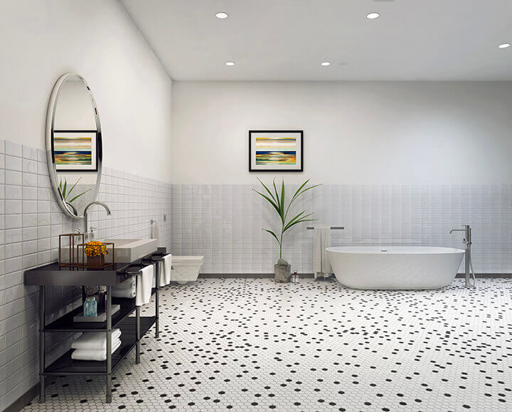 Modern white bathroom with mosaic horizontal grid with glossy white tiles
